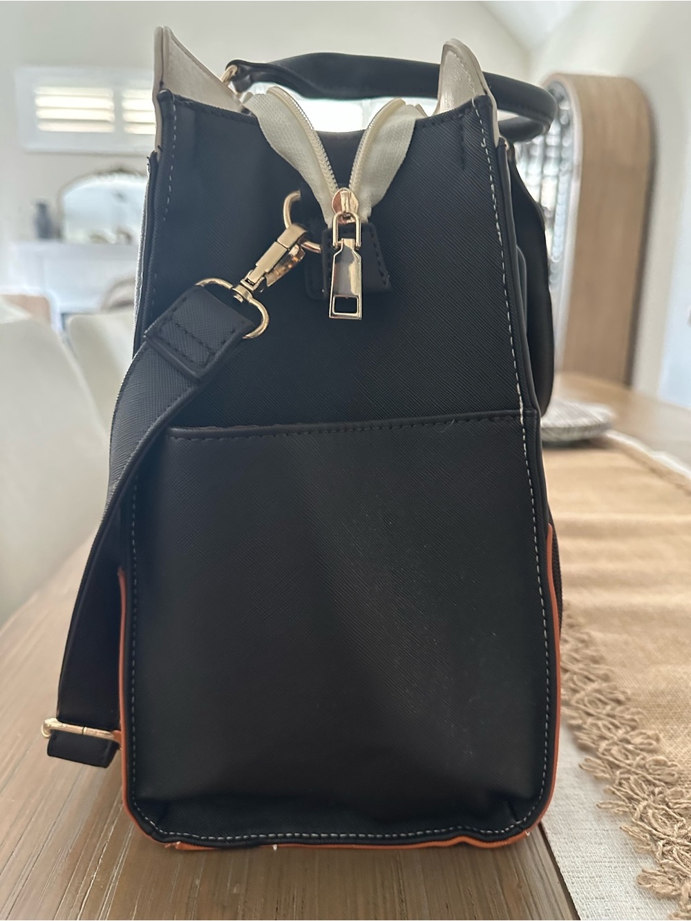 Three-Tone Structured Tote Bag - Black, Cream & Brown - Picture 3 of 5